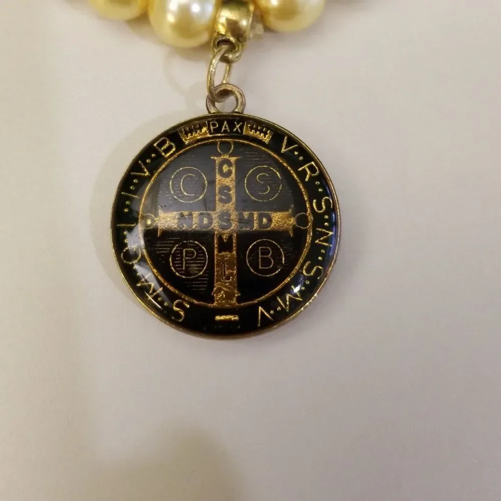 Handmade pearl and gold St.Benedict charm bracelet